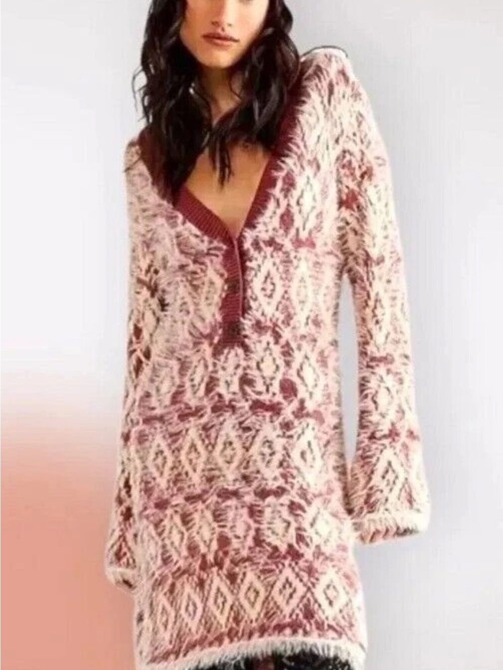 Free People Fuzzy Feelings Dress Knit Mohair Style Cream Mulberry NWT